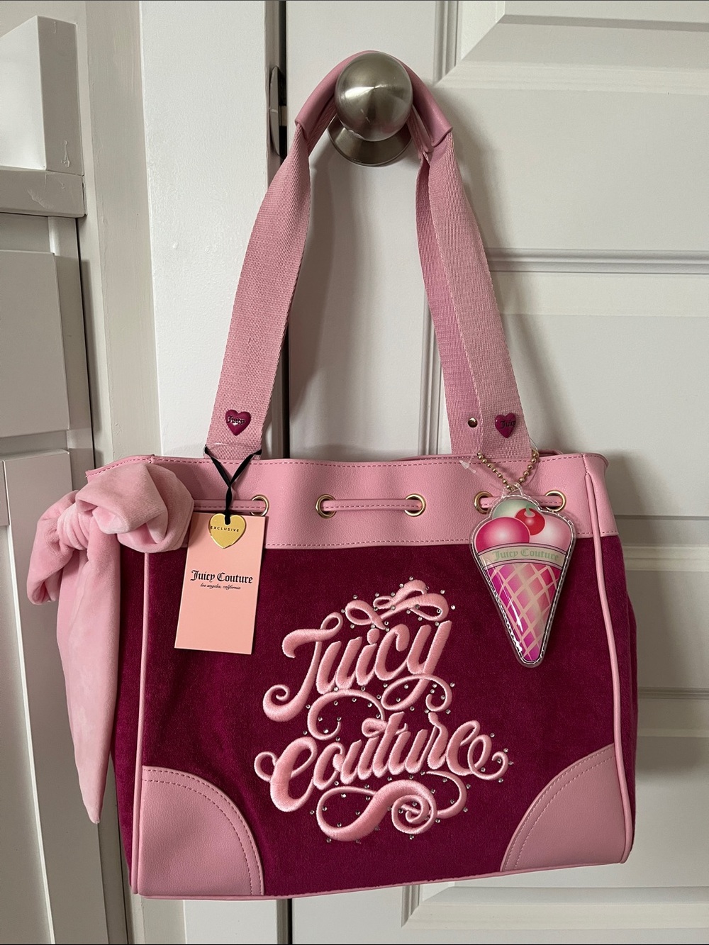 Juicy Couture Pink Two-Tone Velvet & Faux Leather Tote with Charm